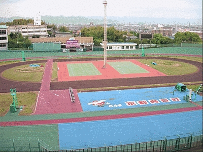 競輪場の写真です「京都向日町」の文字も見えます。