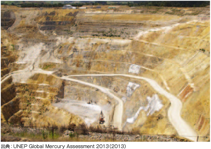 写真：すり鉢状に掘られた水銀鉱山の様子