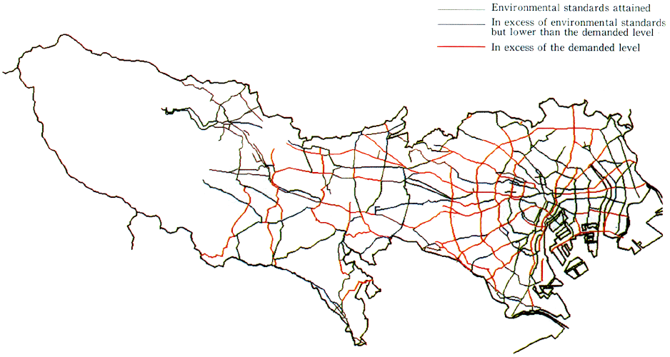 Fig. 1-1-34 Traffic Noise on Main Trunk Roads (Nighttime, 1991)