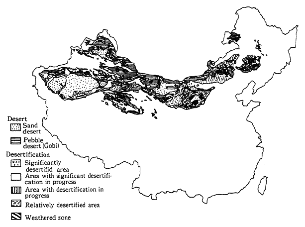 Fig. 1-2-16 Denerts and Distribution of Desertification in China