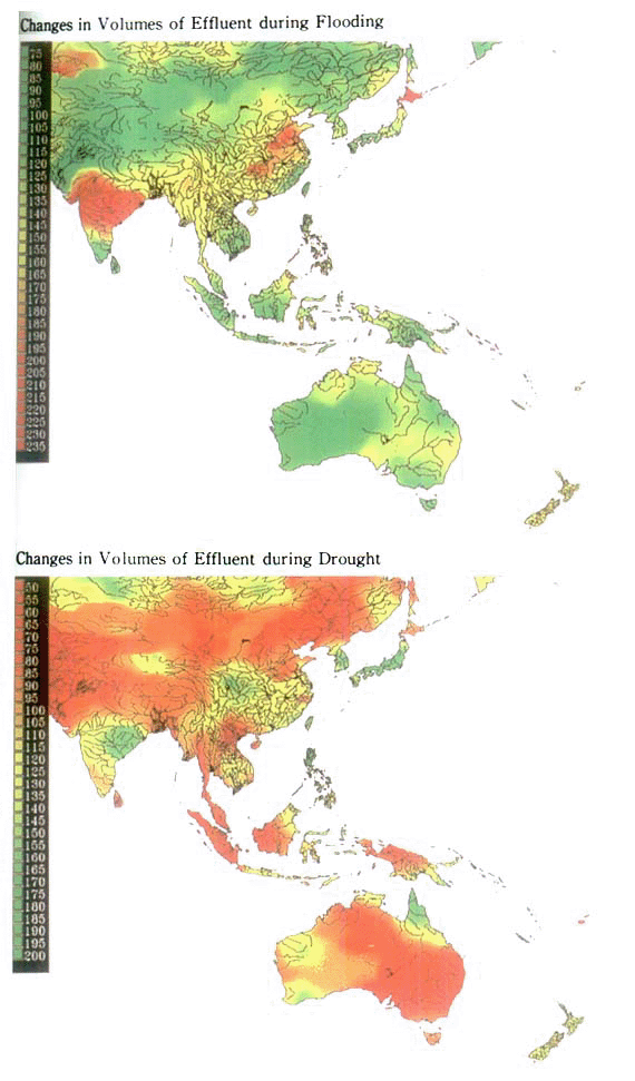 Fig. 4-1-22 Predicted Changes in Volumes of Effluent Discharged by Rivers in the Asian Region As a Result of Global Warming