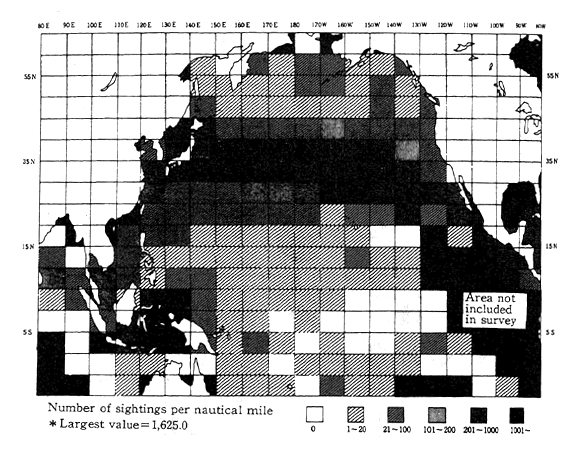 Fig. 4-2-9 Drifting Objects in the North Pacific All plastics (1987-1991)