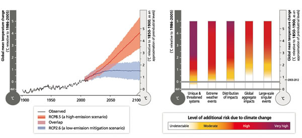 Figures: Changes in the global average temperature (observed and expected values) and risks associated with reasons for concern