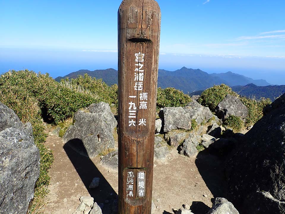 The peak of Mt. Miyanoura. A wooden marker notes the peak. The marker notes Mt. Miyanoura and its elevation.