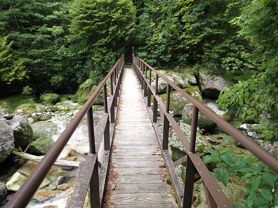 The Tenchubashi Bridge. The wooden bridge extends in a straight line across the stream. The bridge railings are made of steel.