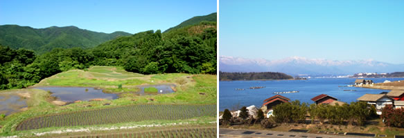 写真左：島内の田んぼと山　写真右：加茂湖