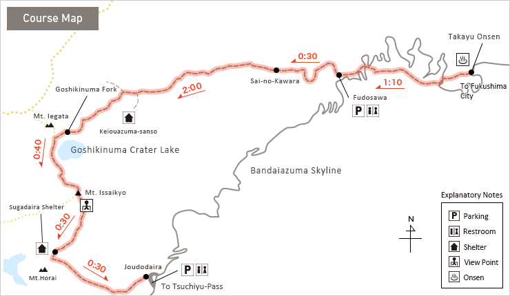 Trekking from Takayu to Lake Goshikinuma Map