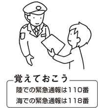 陸での緊急通報は110番、海での緊急通報は118番。