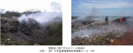 開発途上国で行われている野焼き　出典：（財）日本産業廃棄物処理振興センターHP