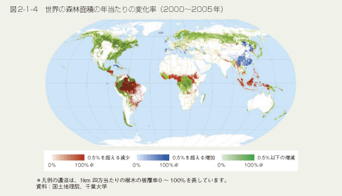 図2-1-4　世界の森林面積の年当たりの変化率（2000～2005年）