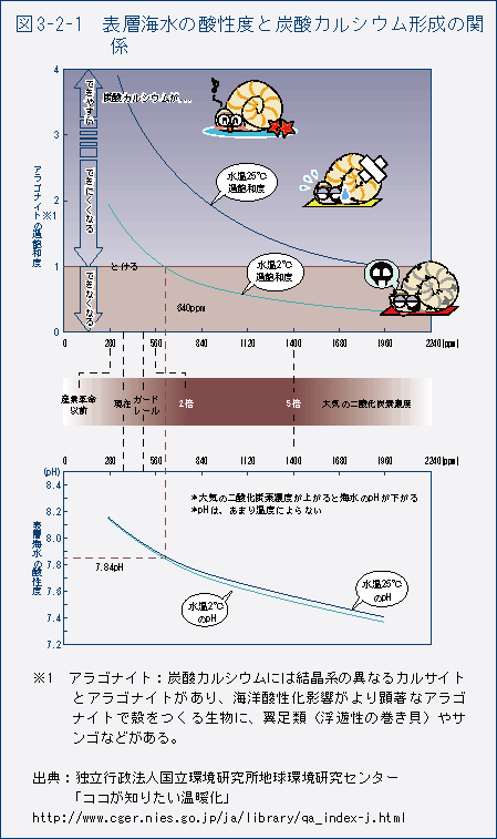 図3-2-1　表層海水の酸性度と炭酸カルシウム形成の関係