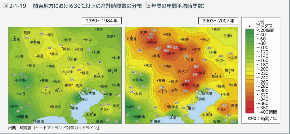 図2-1-19　関東地方における30℃以上の合計時間数の分布（5年間の年間平均時間数）
