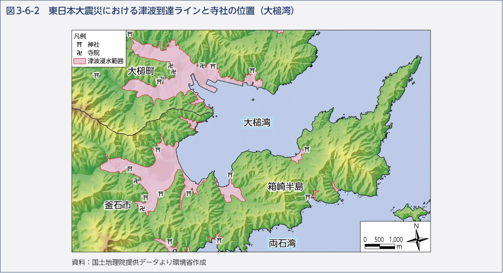 図3-6-2　東日本大震災における津波到達ラインと寺社の位置（大槌湾）
