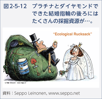 図2-5-12　プラチナとダイヤモンドでできた結婚指輪の後ろにはたくさんの採掘資源が…。