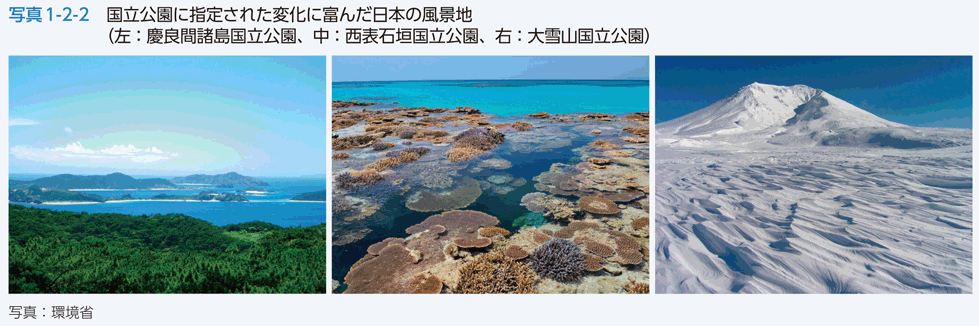 写真1-2-2　国立公園に指定された変化に富んだ日本の風景地（左：慶良間諸島国立公園、中：西表石垣国立公園、右：大雪山国立公園）