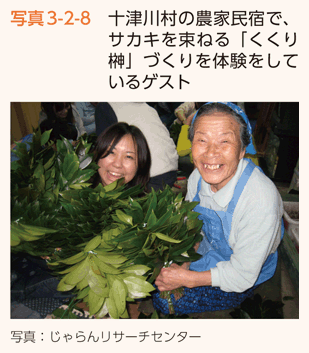 写真3-2-8　十津川村の農家民宿で、サカキを束ねる「くくり榊」づくりを体験をしているゲスト