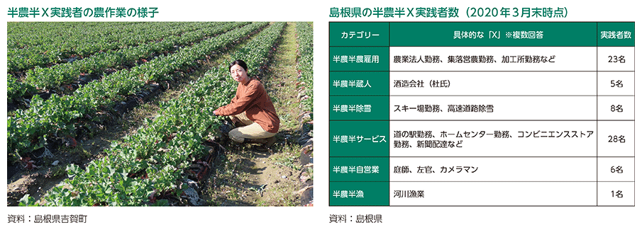 半農半X実践者の農作業の様子、島根県の半農半X実践者数（2020年3月末時点）