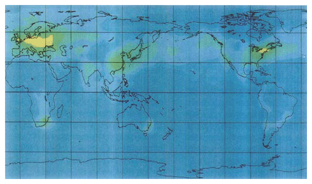 シミュレーションによる昭和60年（1985年）における硫黄降下量の世界分布