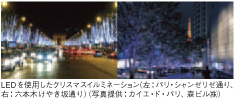 LEDを使用したクリスマスイルミネーション（左：パリ・シャンゼリゼ通り、右：六本木けやき坂通り）（写真提供：カイエ・ド・パリ、森ビル（株）