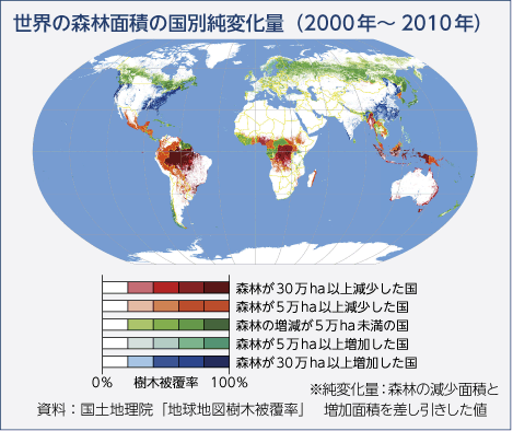 世界の森林面積の国別純変化量（2000年～2010年）