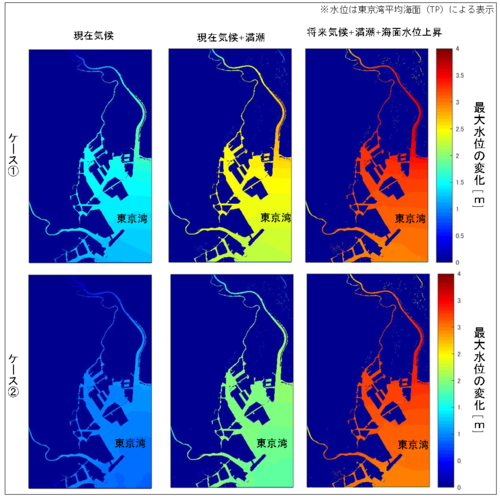 東京湾周辺の最大水位の変化を色別に地図上で表した図