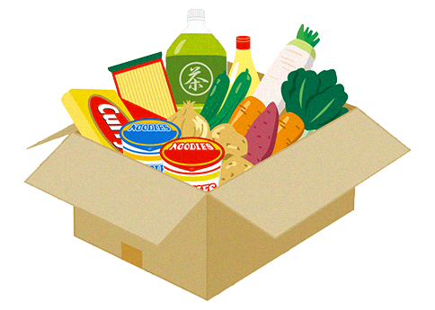 集まった食品の例示イラスト：野菜、マヨネーズ、ペットボトル飲料、カップ麺など