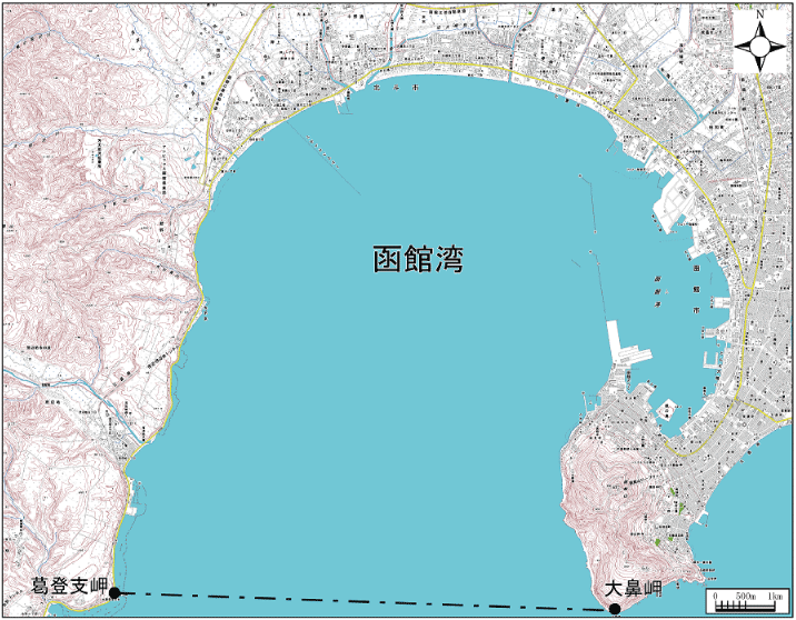 函館湾範囲または位置（拡大画像）