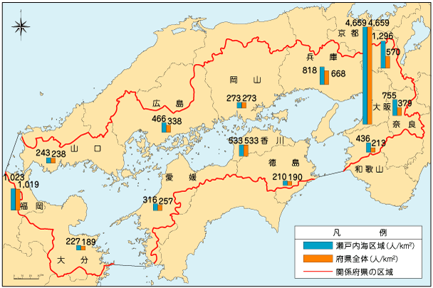 関係13府県の人口密度分布