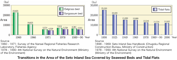 Changes in the area of seaweed beds and tidal flats in the Seto Inland Sea