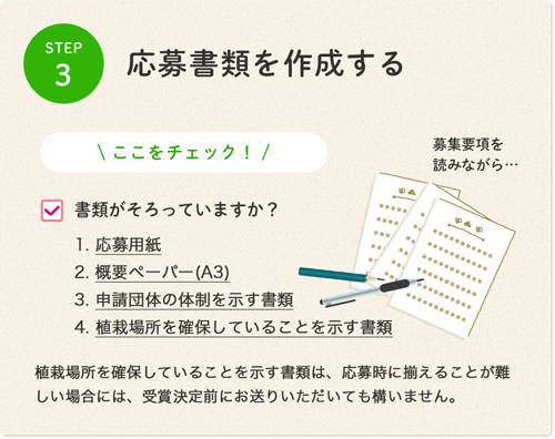 STEP3 応募書類を作成する。書類はそろっていますか?1.応募用紙 2.概要ペーパ―(A3) 3.申請団体の体制を示す書類 4.植栽場所を確保していることを示す書類