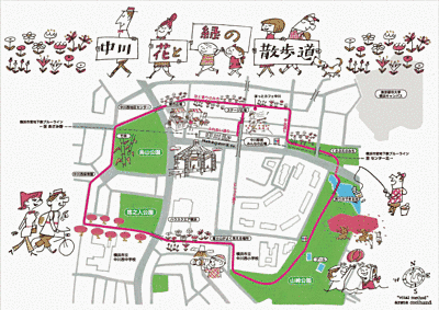 中川花と緑の散歩道の地図です。ぐるりと赤い線が引かれています。