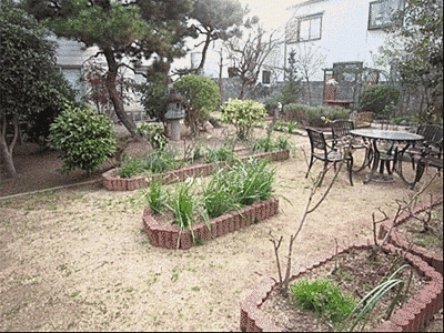 庭の写真です。茶色の花壇には植物が植えられています。右手には机と椅子が設置されており、休憩できるようになっています。左奥には高い木も植えられており、石灯籠もあります。
