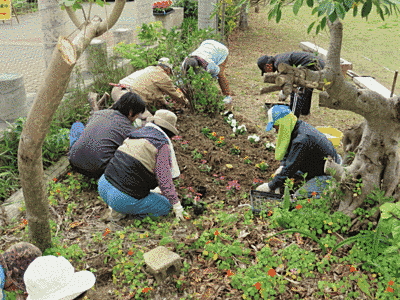 公園での植栽作業の様子です。既に生えている木の他に、白、黄、ピンクの小さな花が植えられているのを見つける事が出来ます。