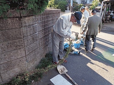 住宅街の路地沿いで、男性が緑化の作業を行っています。