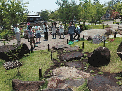 日本庭園での写真です。中央手前側に石の階段があり、奥に行くと池の周りを囲んだ道に突き当たります。そこにいる人達は手をたたいています。公園全体として、地面は緑化されている部分が多く、木々も生えています。