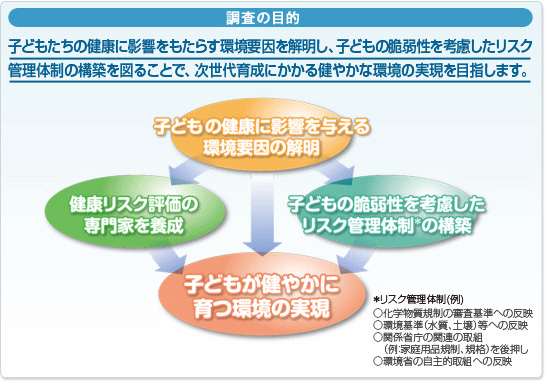 子どもたちの健康に影響をもたらす環境要因を解明し、子どもの脆弱性を考慮したリスク管理体制の構築を図ることで、次世代育成にかかる健やかな環境の実現を目指します。 「子どもの健康に影響を与える環境要因の解明」を行うことで、「健康リスク評価の専門家を養成」し、「子どもの脆弱性を考慮したリスク管理体制の構築」し、「子どもが健やかに二育つ環境の実現を目指します。  なお、リスク管理体制例として、化学物質規制の審査基準への反映、水質や土壌等の環境基準への反映、家庭用品規制、規格等の関係省庁の関連取組の後押し、環境省の自主的取組への反映などがあります。