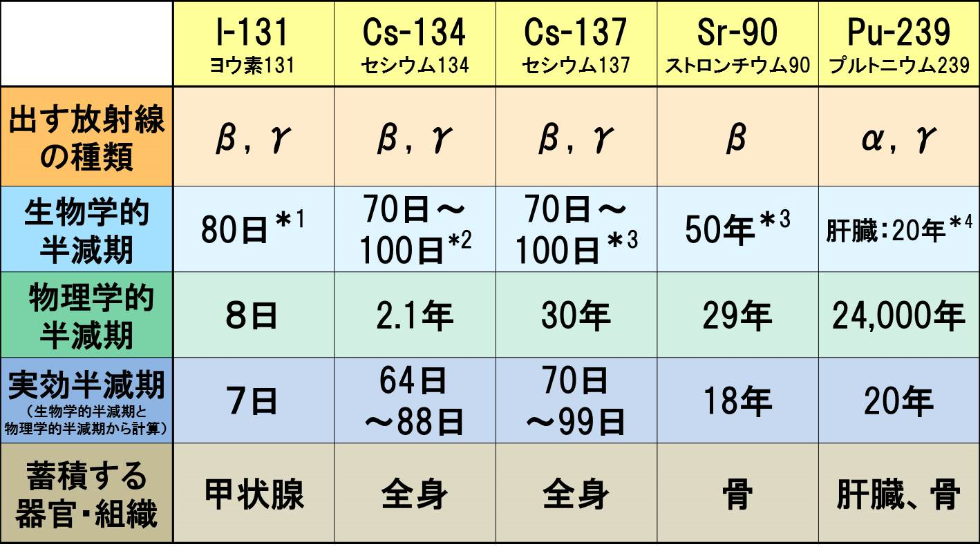 原発事故によって、環境中に放出された放射性物質で、健康や環境への影響において、主に問題となる核種の生物学的半減期、物理学的半減期及び実効半減期