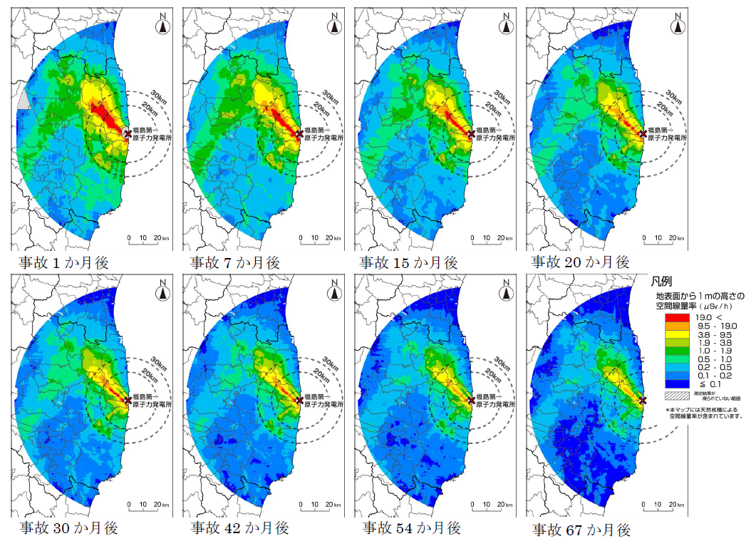 東京電力福島第一原子力発電所から80km圏内の空間線量率