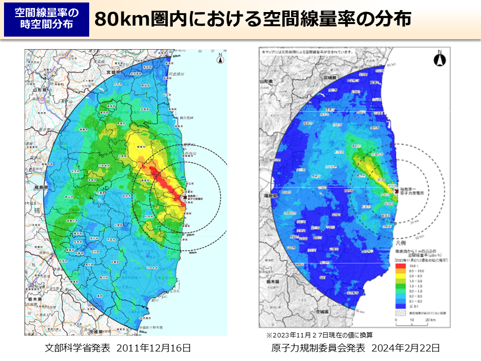 80km圏内における空間線量率の分布