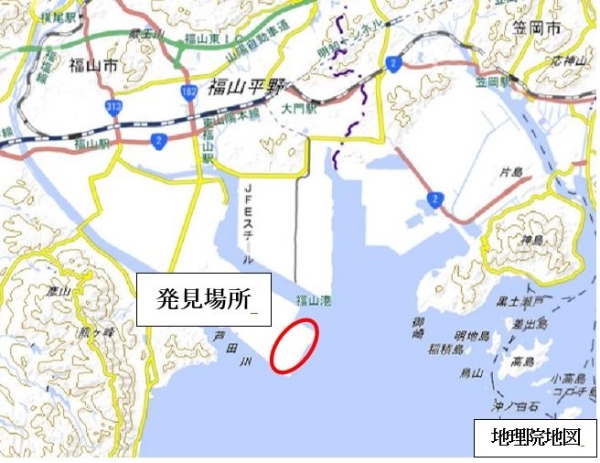 今回ヒアリが発見された福山港の地図