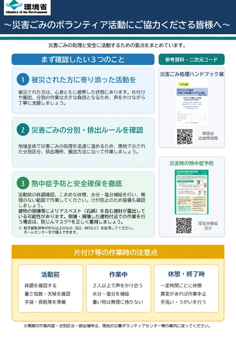 リーフレット「災害ごみのボランティア活動にご協力くださる皆様へ」　 ①被災された方に寄り添った活動を　②災害ごみの分別・排出ルールを確認　③ 熱中症予防と安全確保を徹底