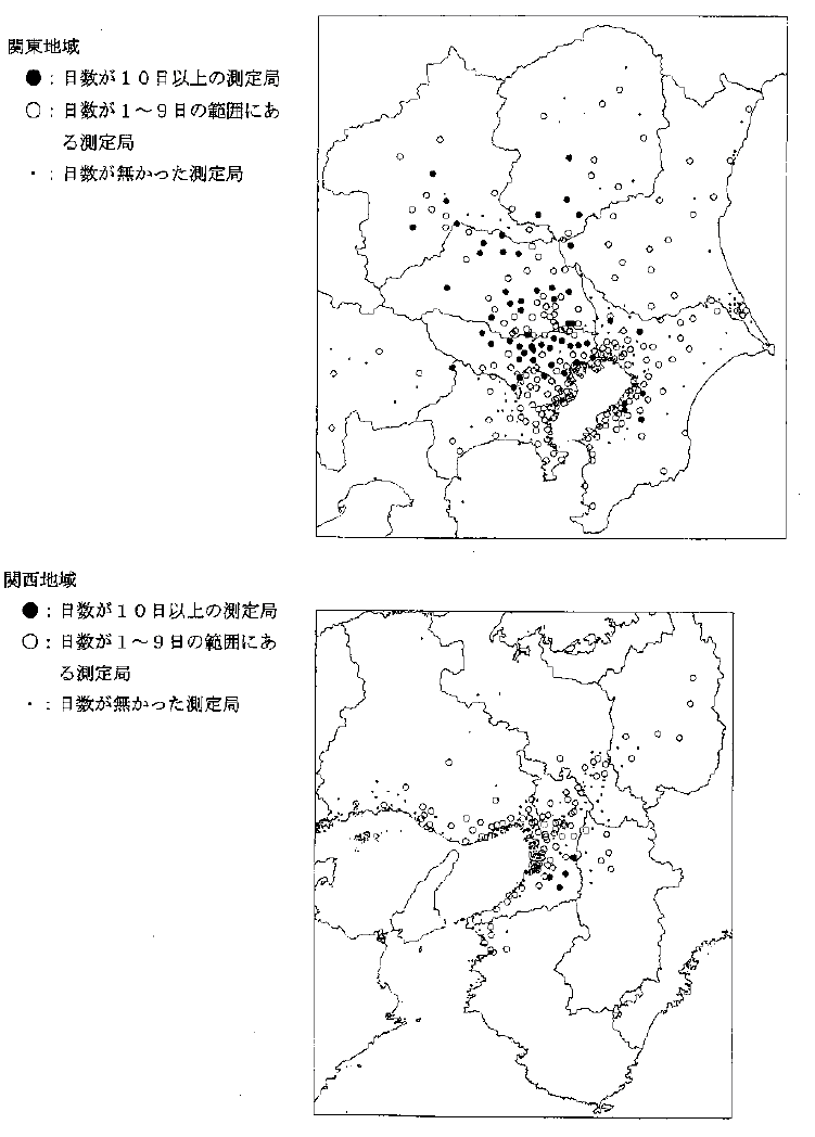 図：図３－３　注意報レベル（0.12ppm以上）の濃度が出現した日数の分布（関東地域、関西地域）