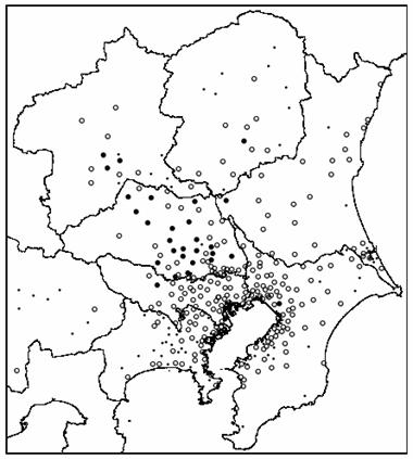 図：図３－５　注意報レベル（0.12ppm以上）の濃度が出現した日数の分布（関東地域）