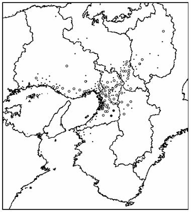 図：図３－５　注意報レベル（0.12ppm以上）の濃度が出現した日数の分布（関西地域）