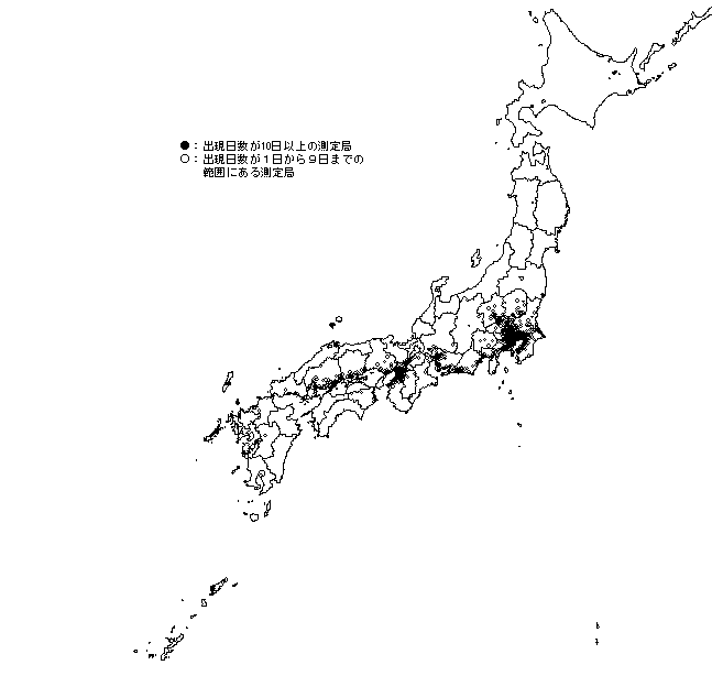 図：図３－５　注意報レベル（0.12ppm以上）の濃度が出現した日数の分布