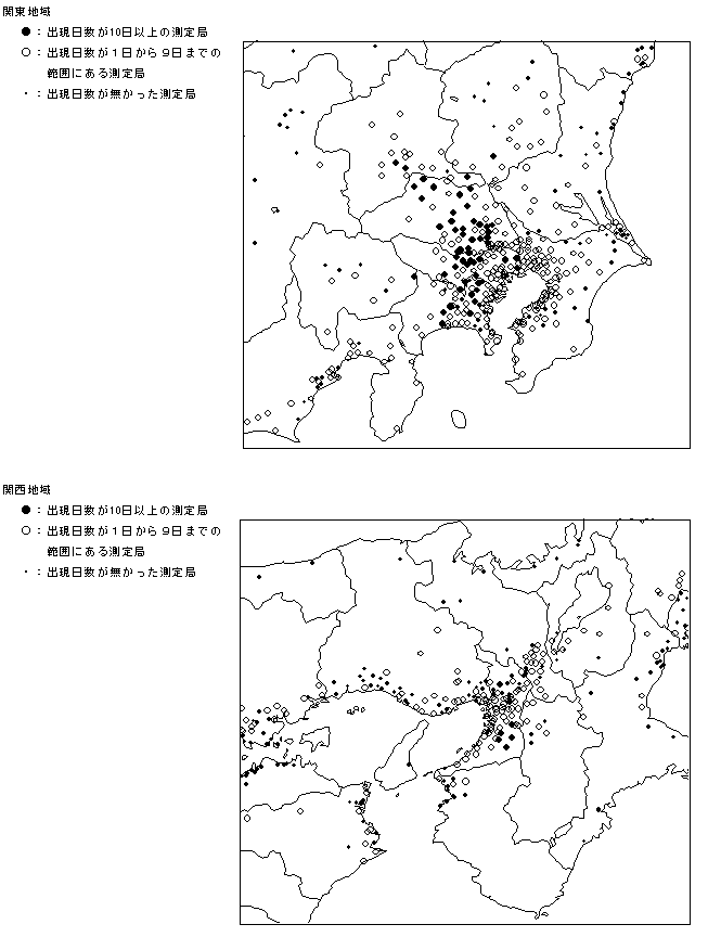 図：図３－６　注意報レベル（0.12ppm以上）の濃度が出現した日数の分布（関東地域、関西地域）