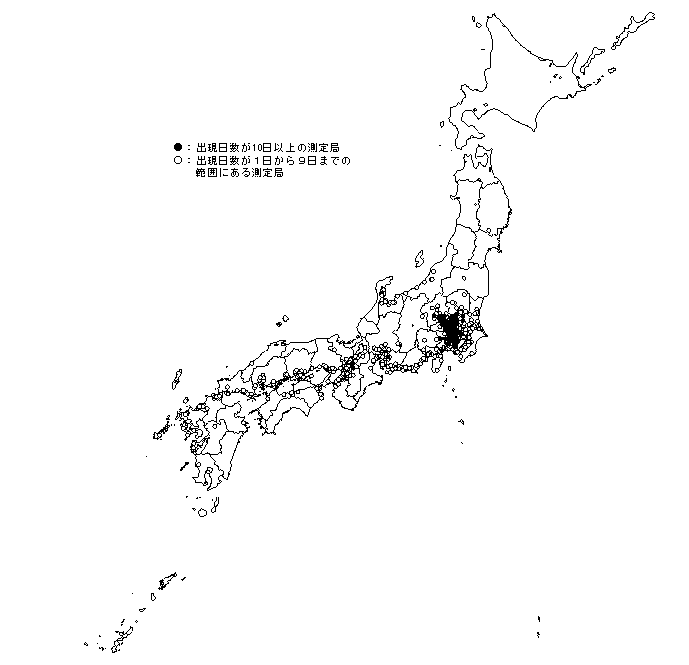 図：図３－５　注意報レベル(0.12ppm以上)の濃度が出現した日数の分布