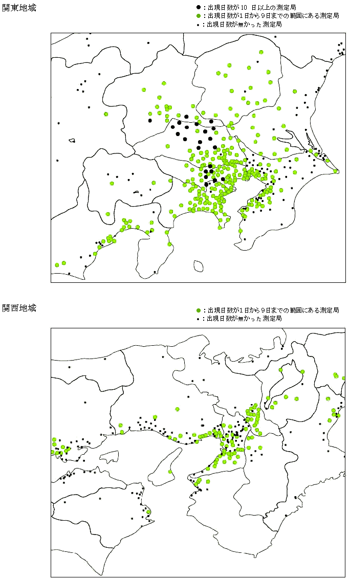 図：図３－６　注意報レベル(0.12ppm以上)の濃度が出現した日数の分布（関東地域、関西地域）