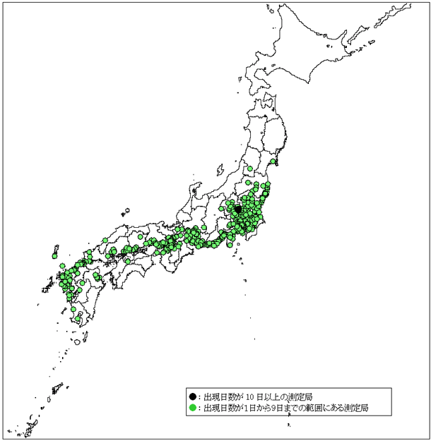 図：図３－５　注意報レベル(0.12ppm以上)の濃度が出現した日数の分布(全国：一般局)