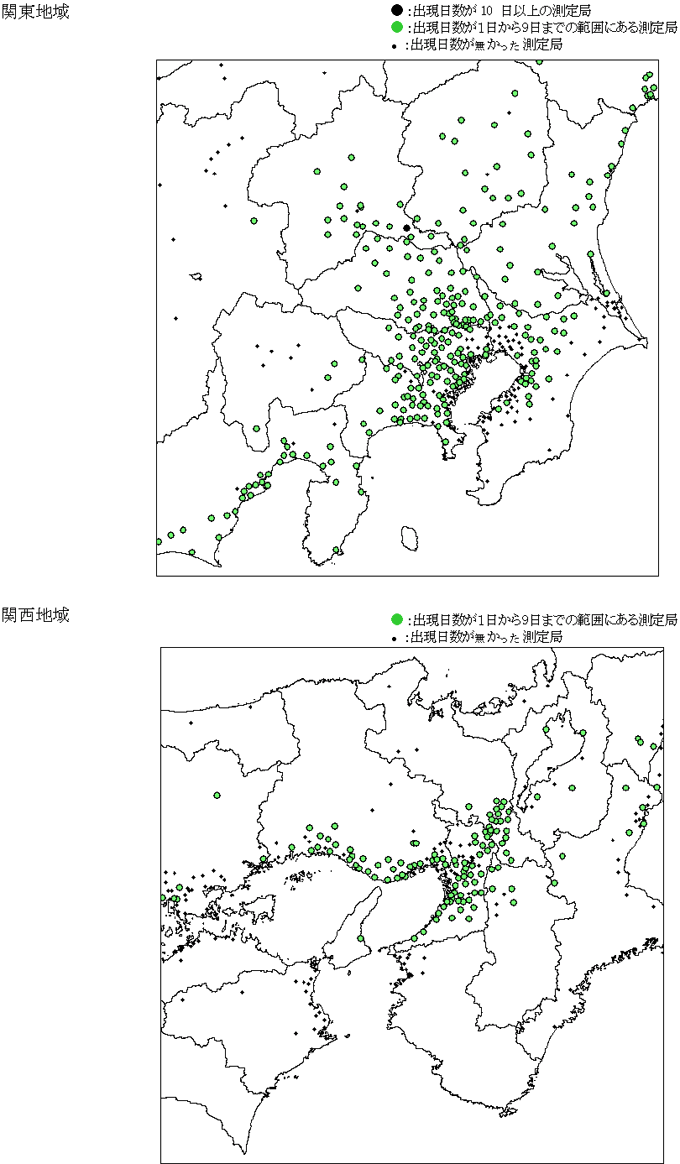 図：図３－６　注意報レベル(0.12ppm以上)の濃度が出現した日数の分布（関東地域、関西地域）